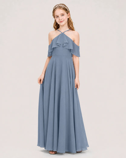 Dusty Blue Chiffon Cold Shoulder Junior Bridesmaid Dresses Side View