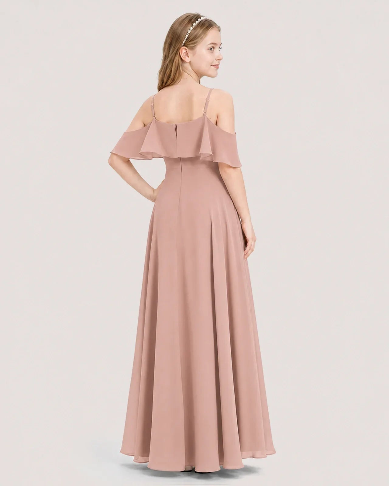 Dusty Rose Chiffon Ruffle Cold Shoulder Junior Bridesmaid Dresses Back View