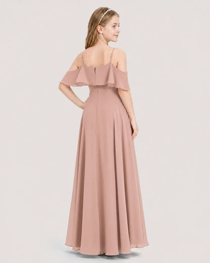 Dusty Rose Chiffon Ruffle Cold Shoulder Junior Bridesmaid Dresses Back View