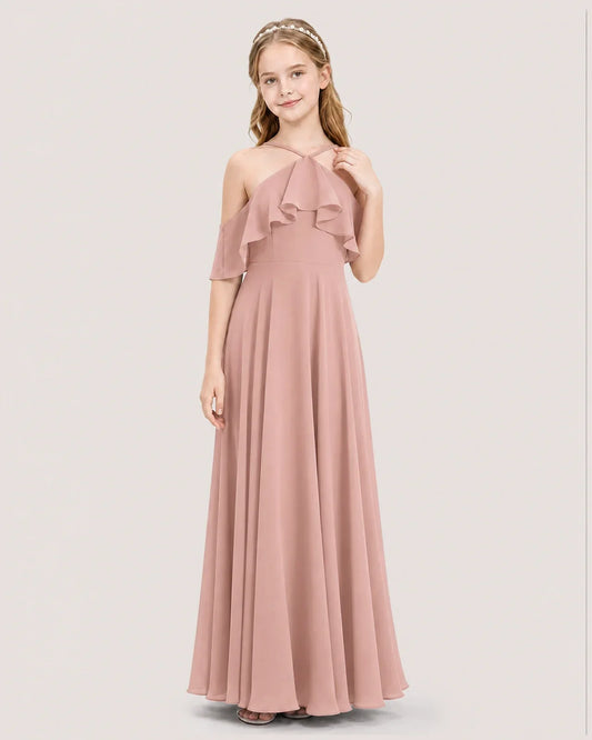 Dusty Rose Chiffon Halter Cold Shoulder Junior Bridesmaid Dresses Front View
