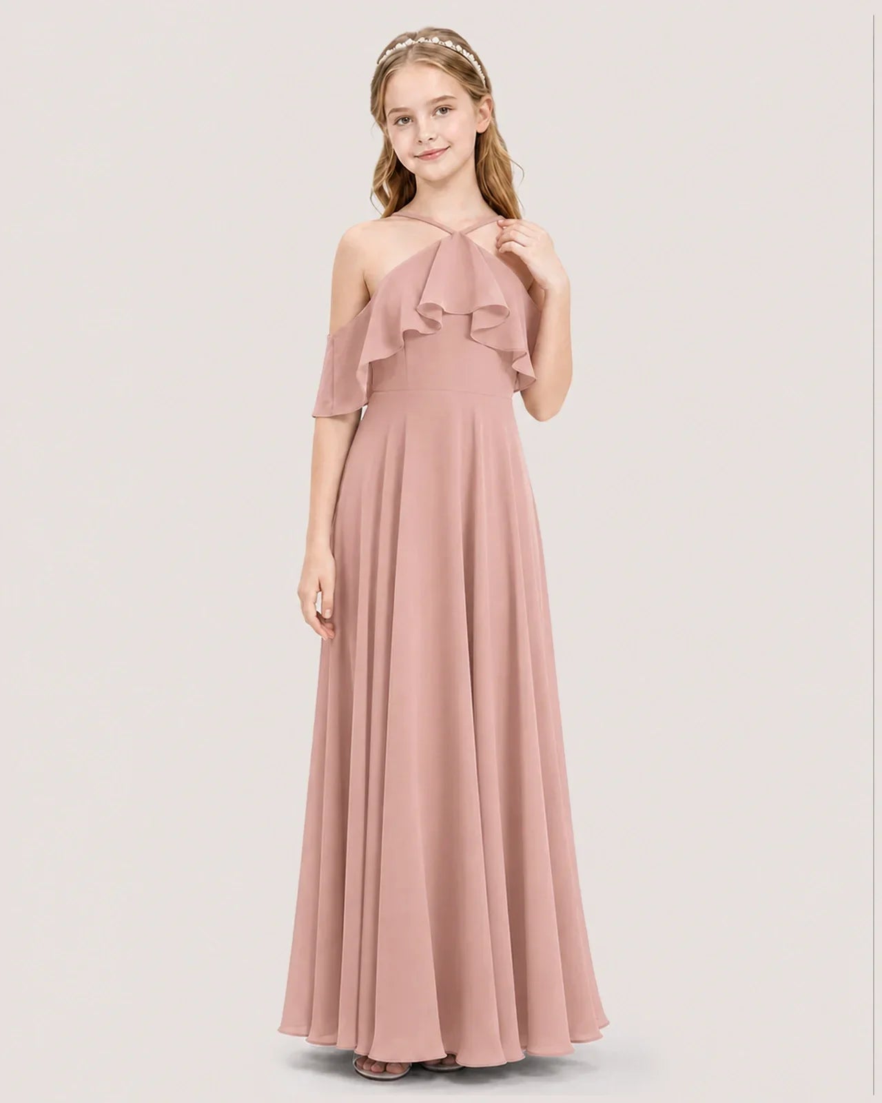 Dusty Rose Chiffon Halter Cold Shoulder Junior Bridesmaid Dresses Front View