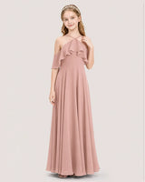 Dusty Rose Chiffon Halter Cold Shoulder Junior Bridesmaid Dresses Front View