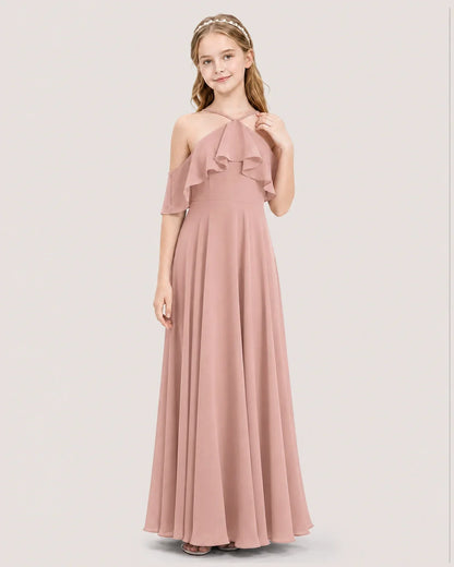 Dusty Rose Chiffon Halter Cold Shoulder Junior Bridesmaid Dresses Front View