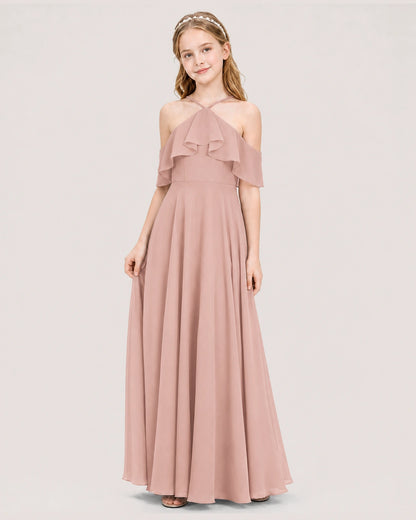 Dusty Rose Chiffon Halter Cold-Shoulder Ruffle Junior Bridesmaid Dresses Side View