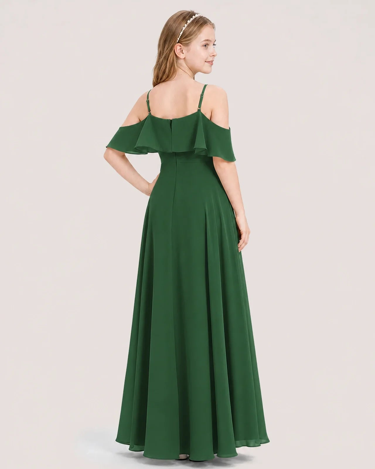 Emerald Green Chiffon Cold Shoulder Junior Bridesmaid Dresses Back View