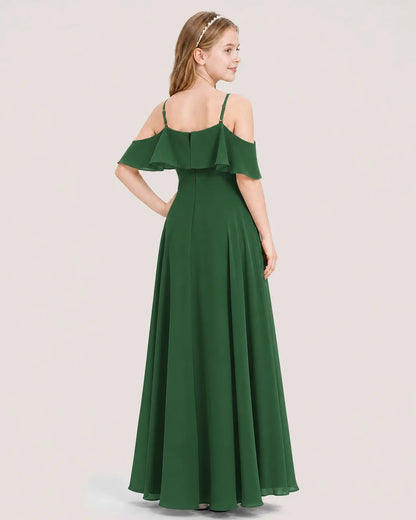 Emerald Green Chiffon Cold Shoulder Junior Bridesmaid Dresses Back View