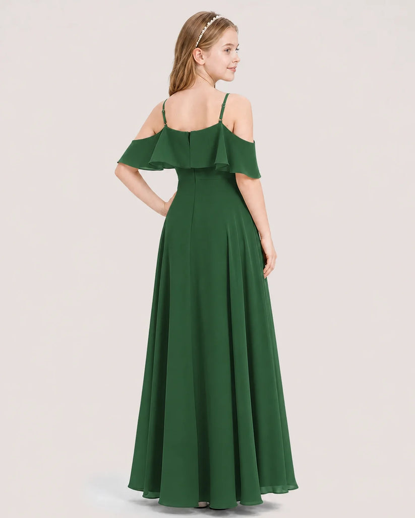 Emerald Green Chiffon Cold Shoulder Junior Bridesmaid Dresses Back View