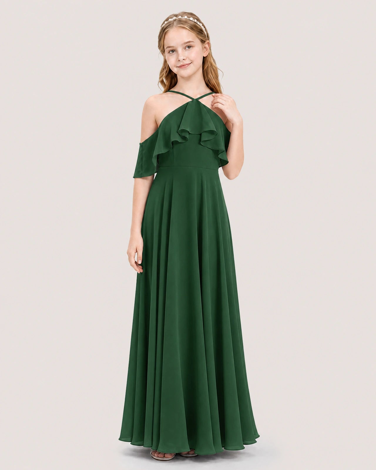 Emerald Green Chiffon Halter Cold Shoulder Junior Bridesmaid Dresses Front View