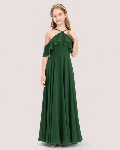 Emerald Green Chiffon Halter Cold Shoulder Junior Bridesmaid Dresses Front View