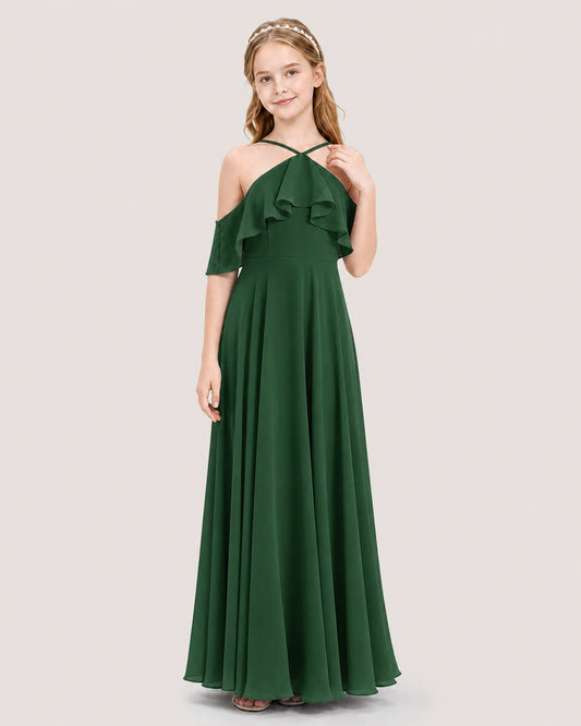Emerald Green Chiffon Halter Cold Shoulder Junior Bridesmaid Dresses Front View