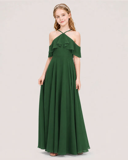 Emerald Green Chiffon Cold Shoulder Junior Bridesmaid Dresses Side View