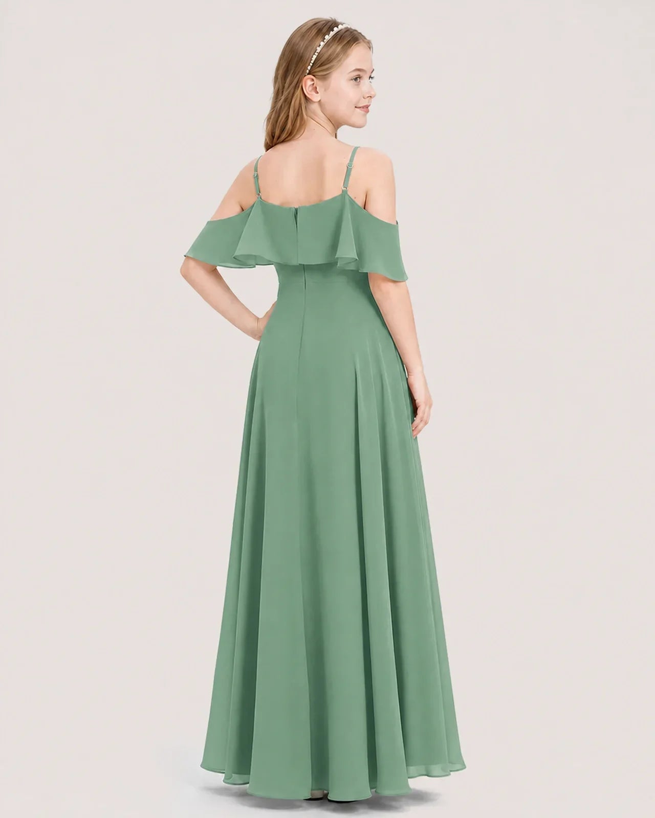 Eucalyptus Chiffon Cold Shoulder Junior Bridesmaid Dresses Back View