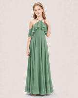 Eucalyptus Chiffon Halter Ruffle Cold Shoulder Junior Bridesmaid Dresses Front View