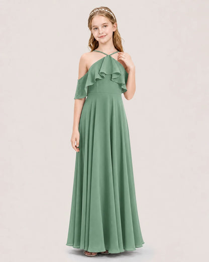 Eucalyptus Chiffon Halter Ruffle Cold Shoulder Junior Bridesmaid Dresses Front View