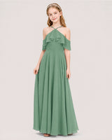 Eucalyptus Chiffon Halter Ruffle Cold Shoulder Junior Bridesmaid Dresses Side View