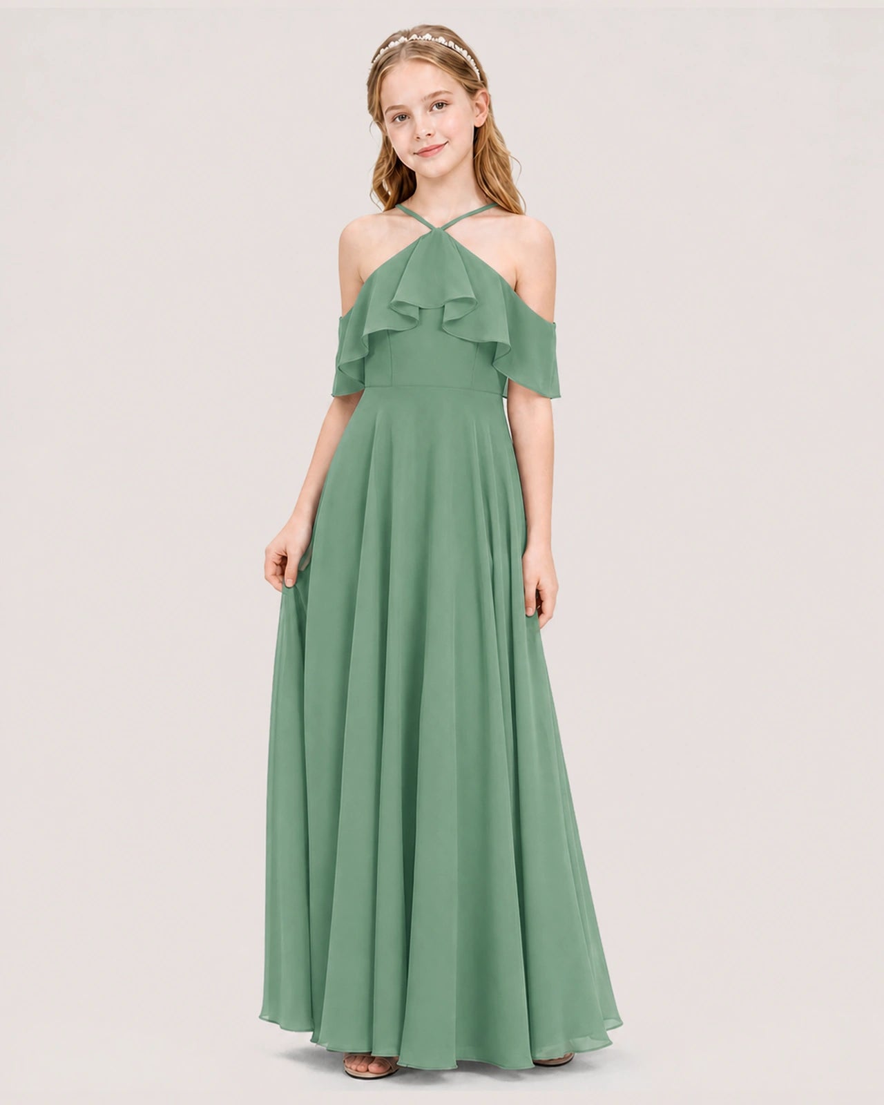 Eucalyptus Chiffon Halter Ruffle Cold Shoulder Junior Bridesmaid Dresses Side View