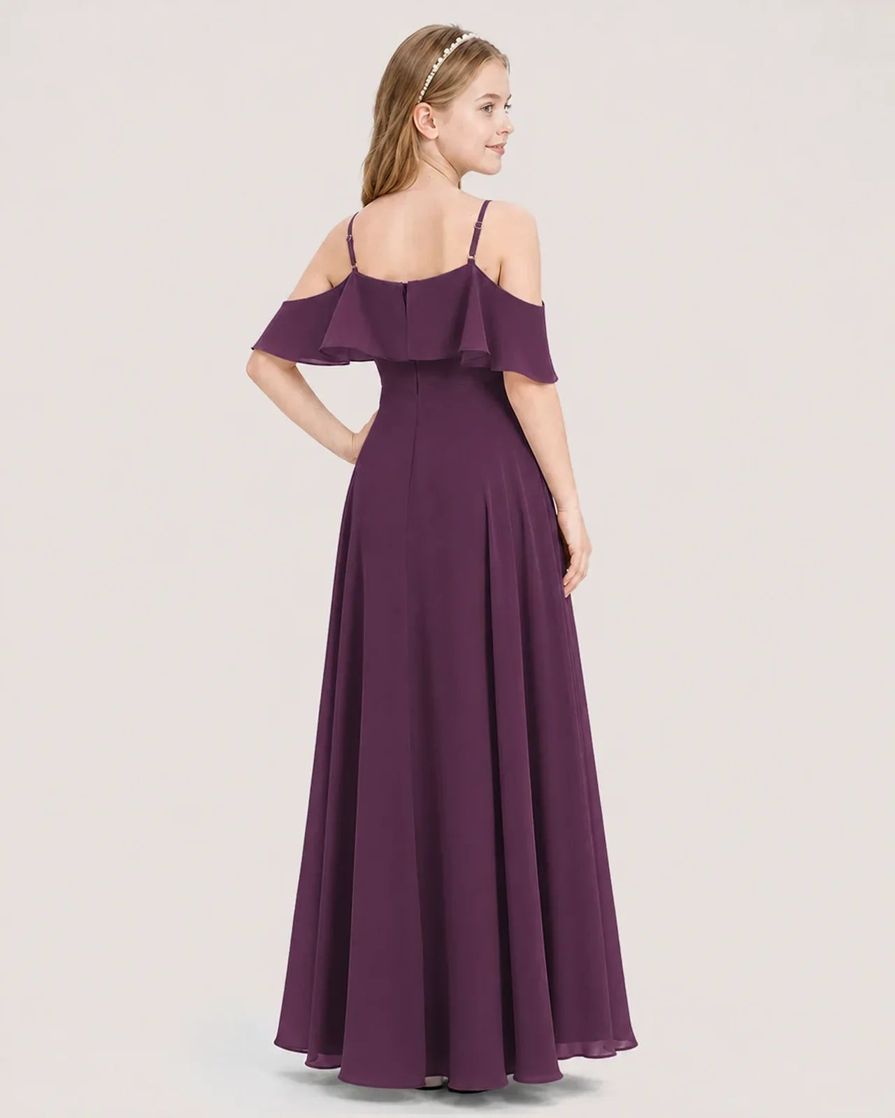 Grape Chiffon Cold Shoulder A-Line Junior Bridesmaid Dresses Back View