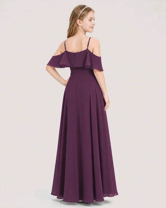 Grape Chiffon Cold Shoulder A-Line Junior Bridesmaid Dresses Back View