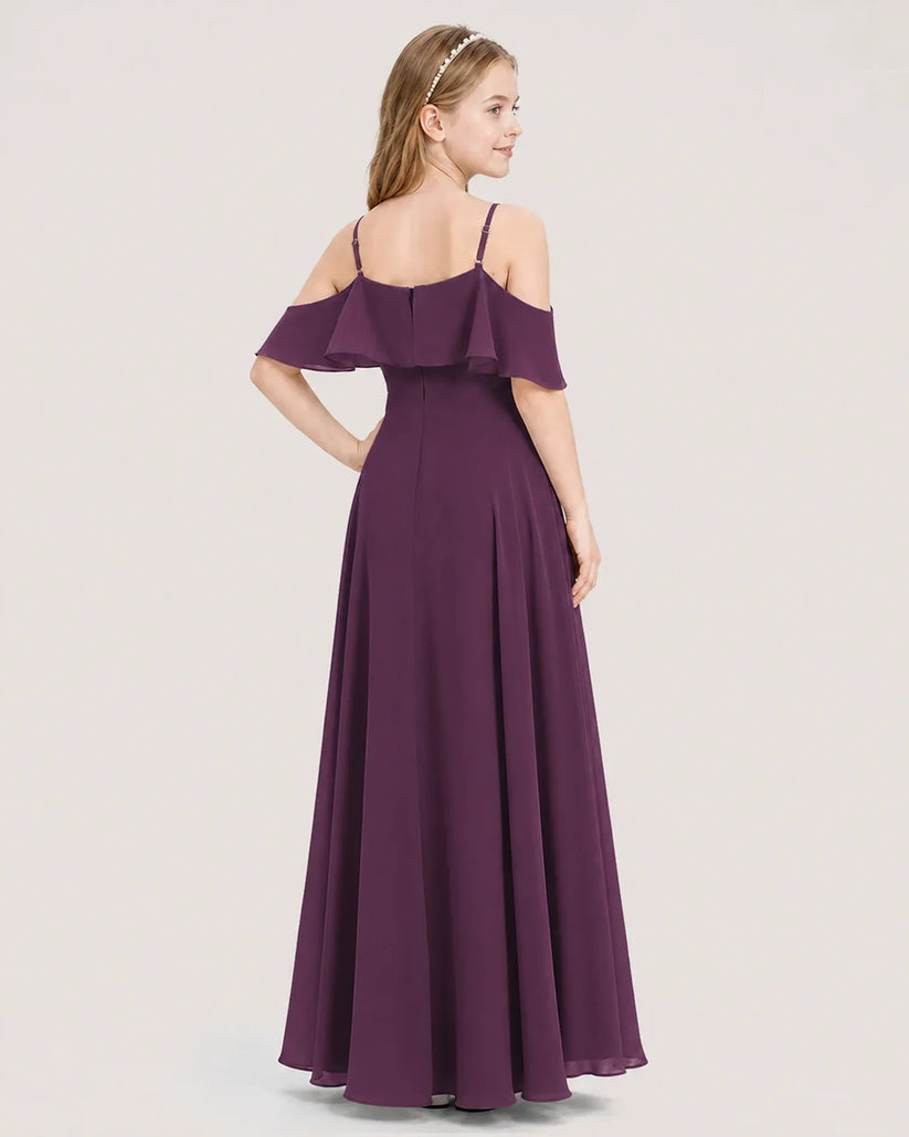 Grape Chiffon Cold Shoulder A-Line Junior Bridesmaid Dresses Back View