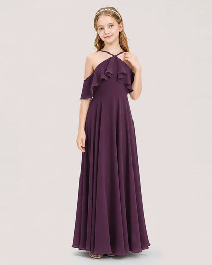 Grape Chiffon Cold Shoulder A-Line Junior Bridesmaid Dresses Front View