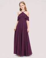 Grape Chiffon Cold Shoulder A-Line Junior Bridesmaid Dresses Side View