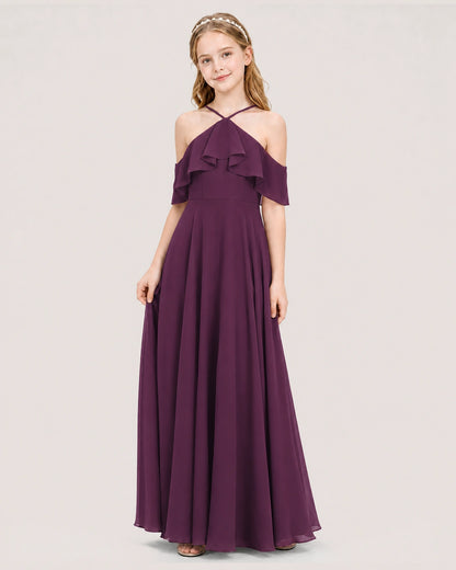 Grape Chiffon Cold Shoulder A-Line Junior Bridesmaid Dresses Side View