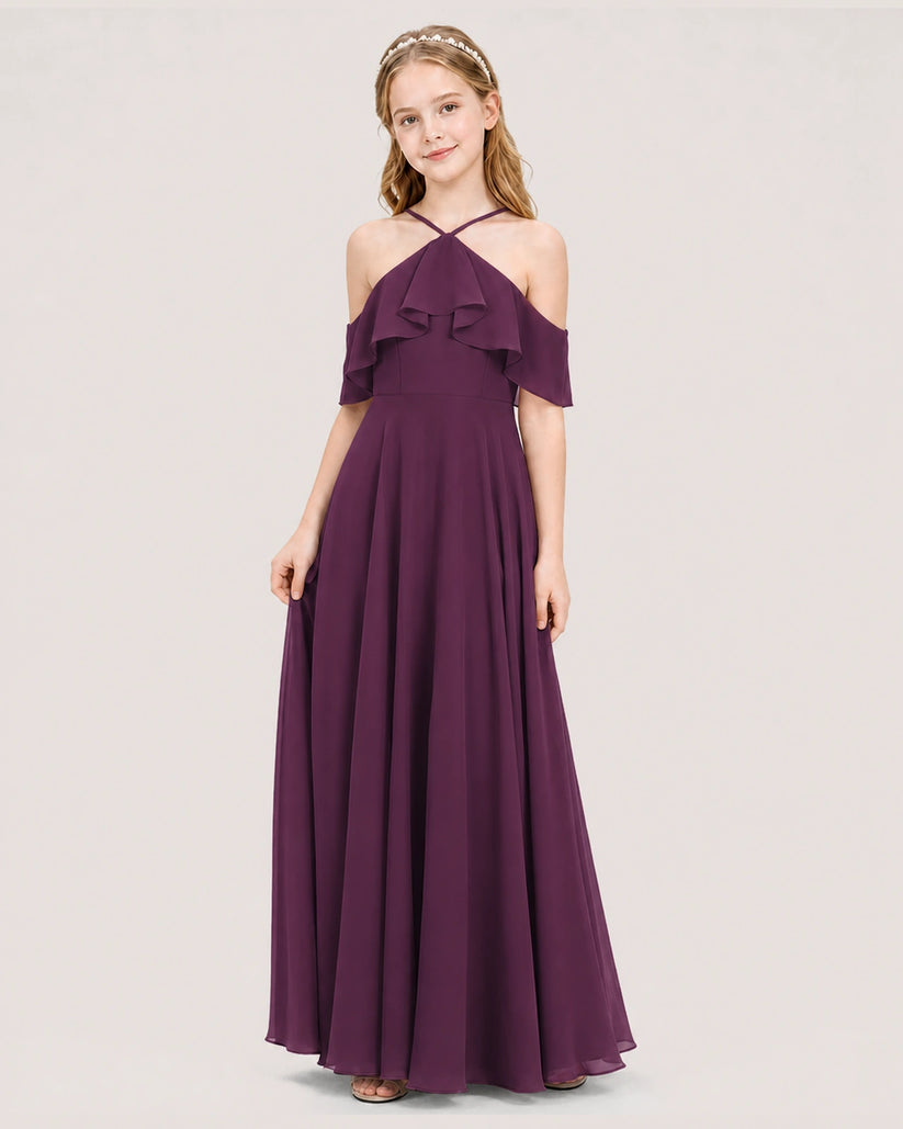 Grape Chiffon Cold Shoulder A-Line Junior Bridesmaid Dresses Side View