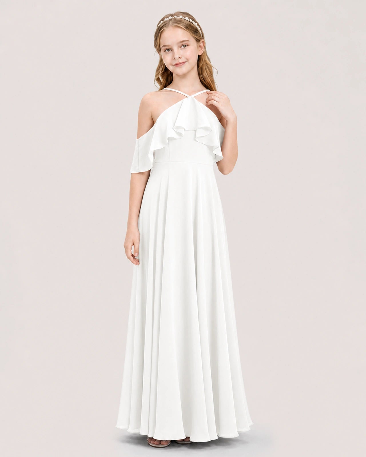 Ivory Chiffon Halter Cold Shoulder Junior Bridesmaid Dresses Front View