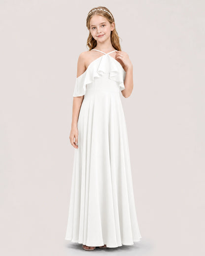 Ivory Chiffon Halter Cold Shoulder Junior Bridesmaid Dresses Front View