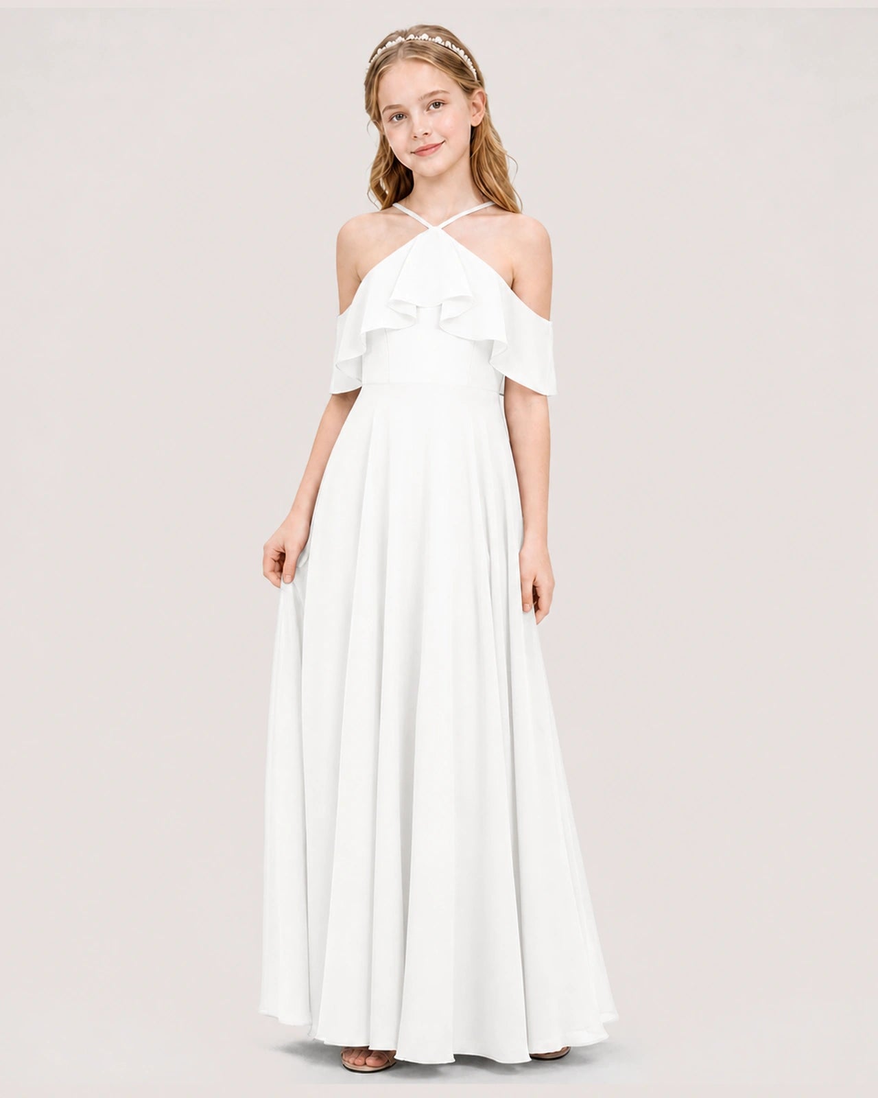 Ivory Chiffon Cold Shoulder Junior Bridesmaid Dresses Side View