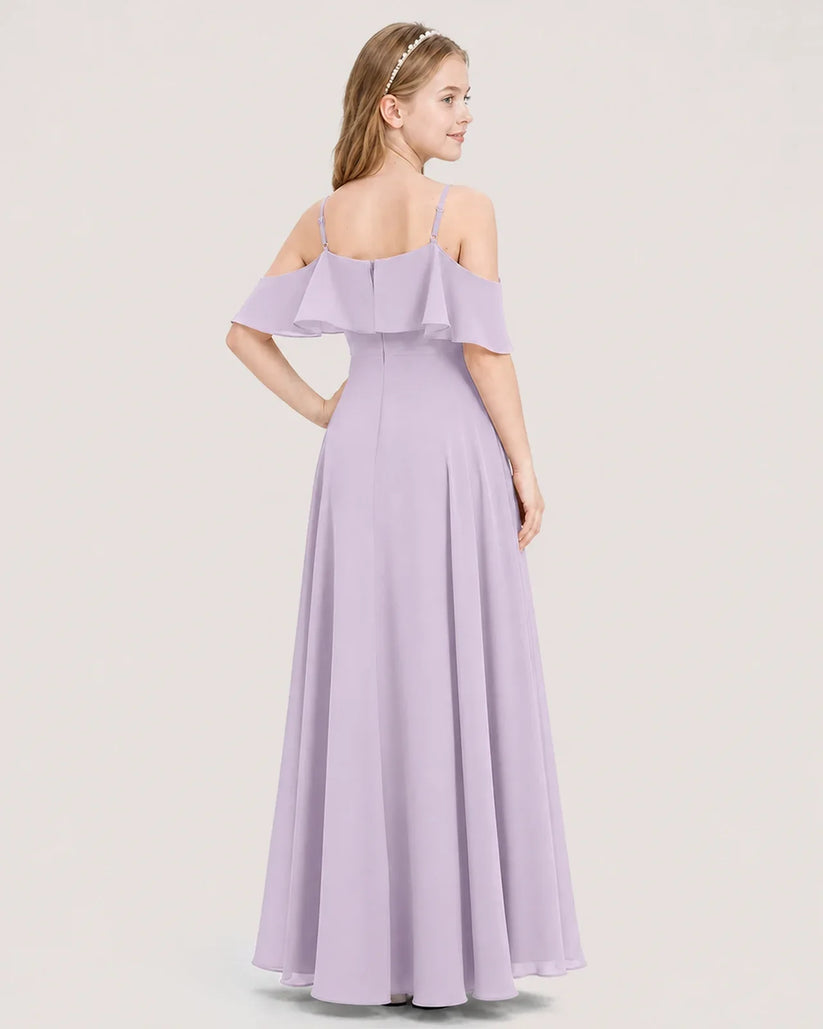 Lavender Chiffon Cold Shoulder Junior Bridesmaid Dresses Back View