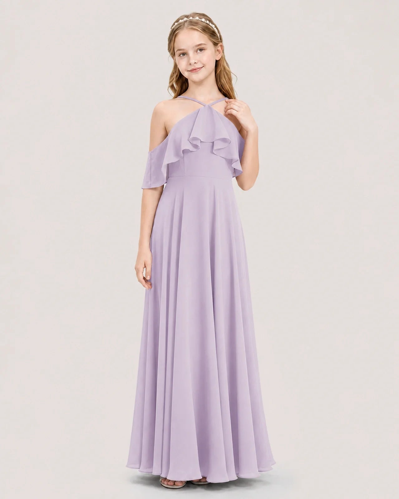 Lavender chiffon cold-shoulder junior bridesmaid dress, front view