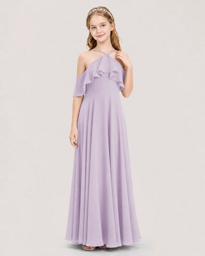 Lavender chiffon cold-shoulder junior bridesmaid dress, front view