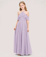 Lavender Chiffon Halter Cold-Shoulder Junior Bridesmaid Dresses Side View