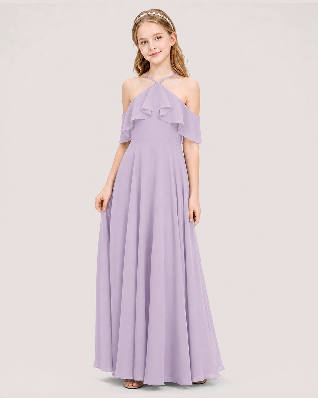 Lavender Chiffon Halter Cold-Shoulder Junior Bridesmaid Dresses Side View