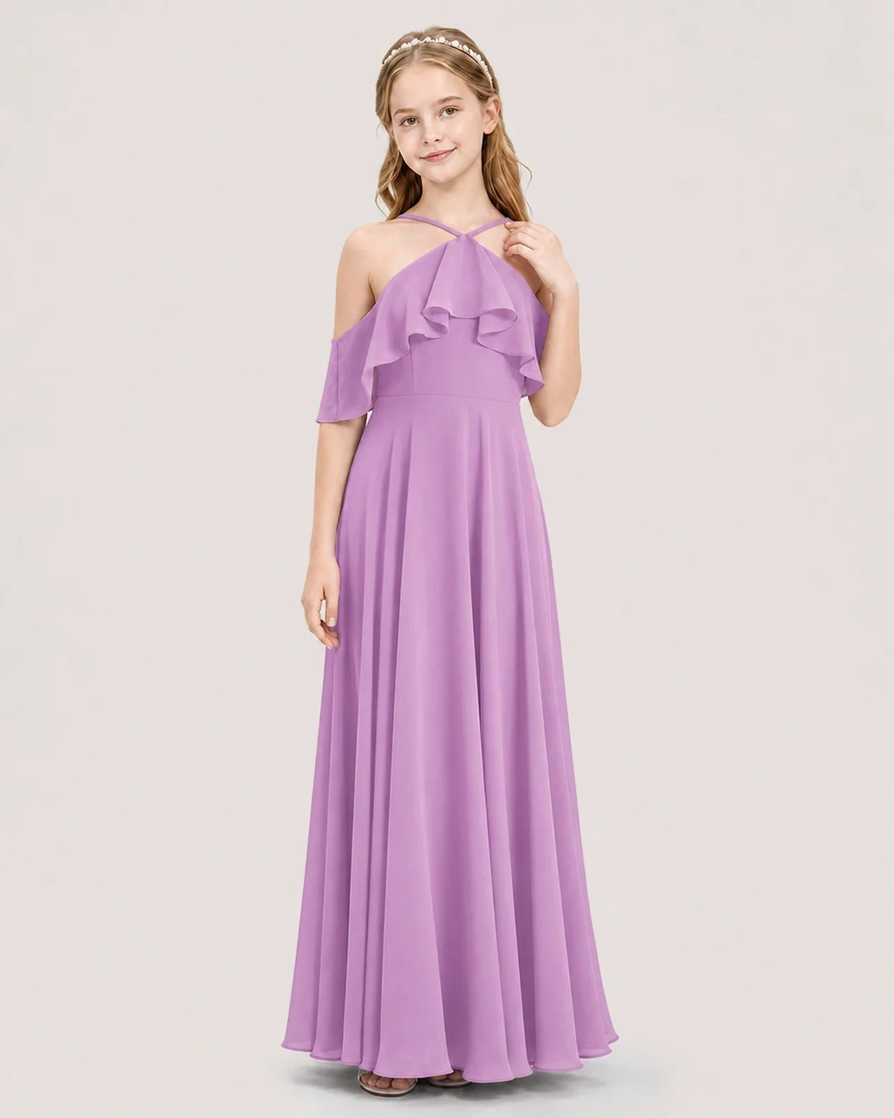 Lilac Chiffon Halter Ruffle Junior Bridesmaid Dresses Front View