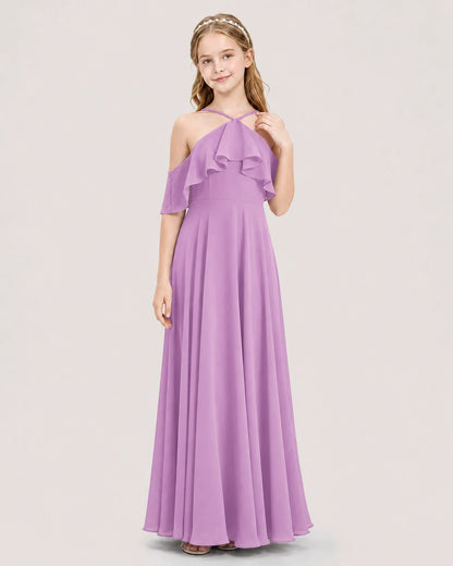 Lilac Chiffon Halter Ruffle Junior Bridesmaid Dresses Front View