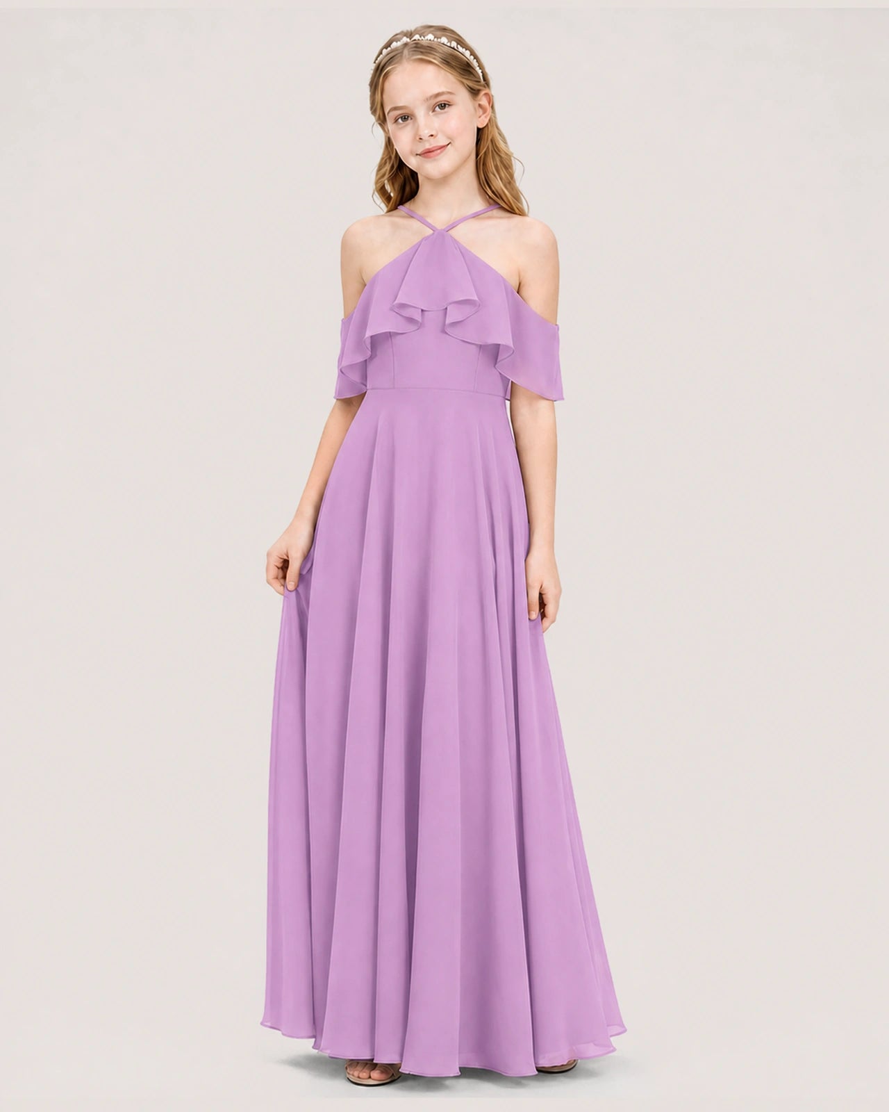 Lilac Chiffon Halter Cold Shoulder Junior Bridesmaid Dresses Side View