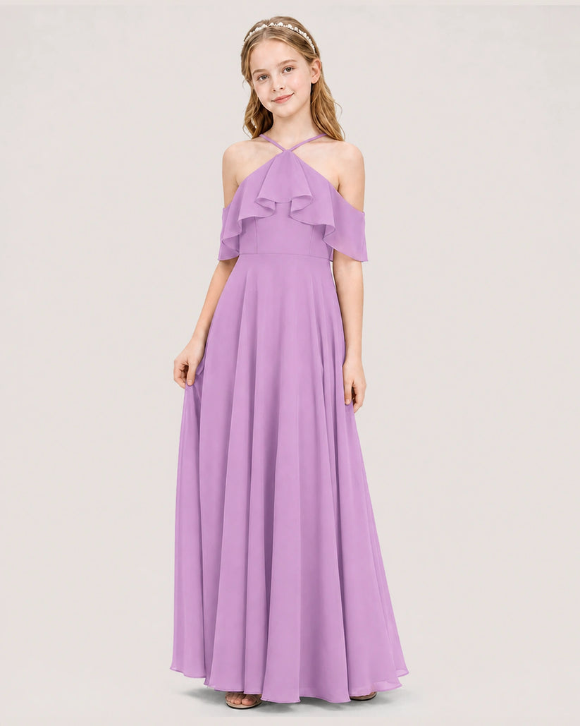Lilac Chiffon Halter Cold Shoulder Junior Bridesmaid Dresses Side View