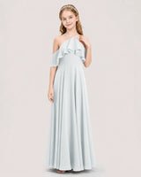 Mist Chiffon Ruffle Cold Shoulder Junior Bridesmaid Dresses Front View