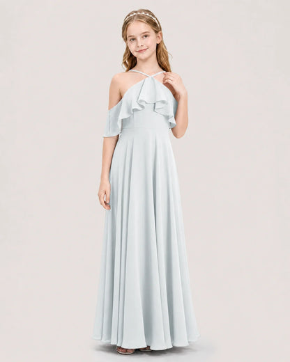 Mist Chiffon Ruffle Cold Shoulder Junior Bridesmaid Dresses Front View