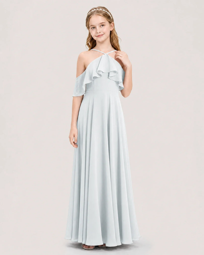 Mist Chiffon Ruffle Cold Shoulder Junior Bridesmaid Dresses Front View