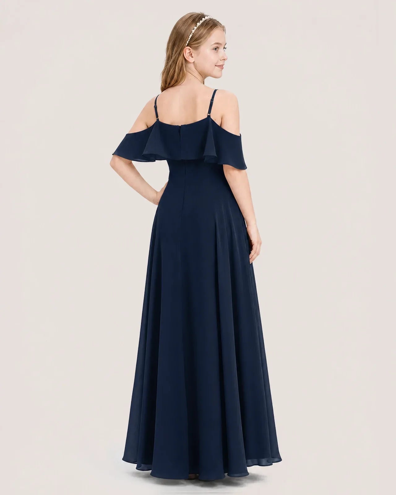 Navy Blue Chiffon Cold Shoulder Junior Bridesmaid Dresses Back View