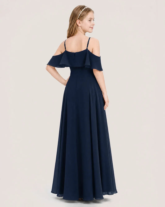 Navy Blue Chiffon Cold Shoulder Junior Bridesmaid Dresses Back View