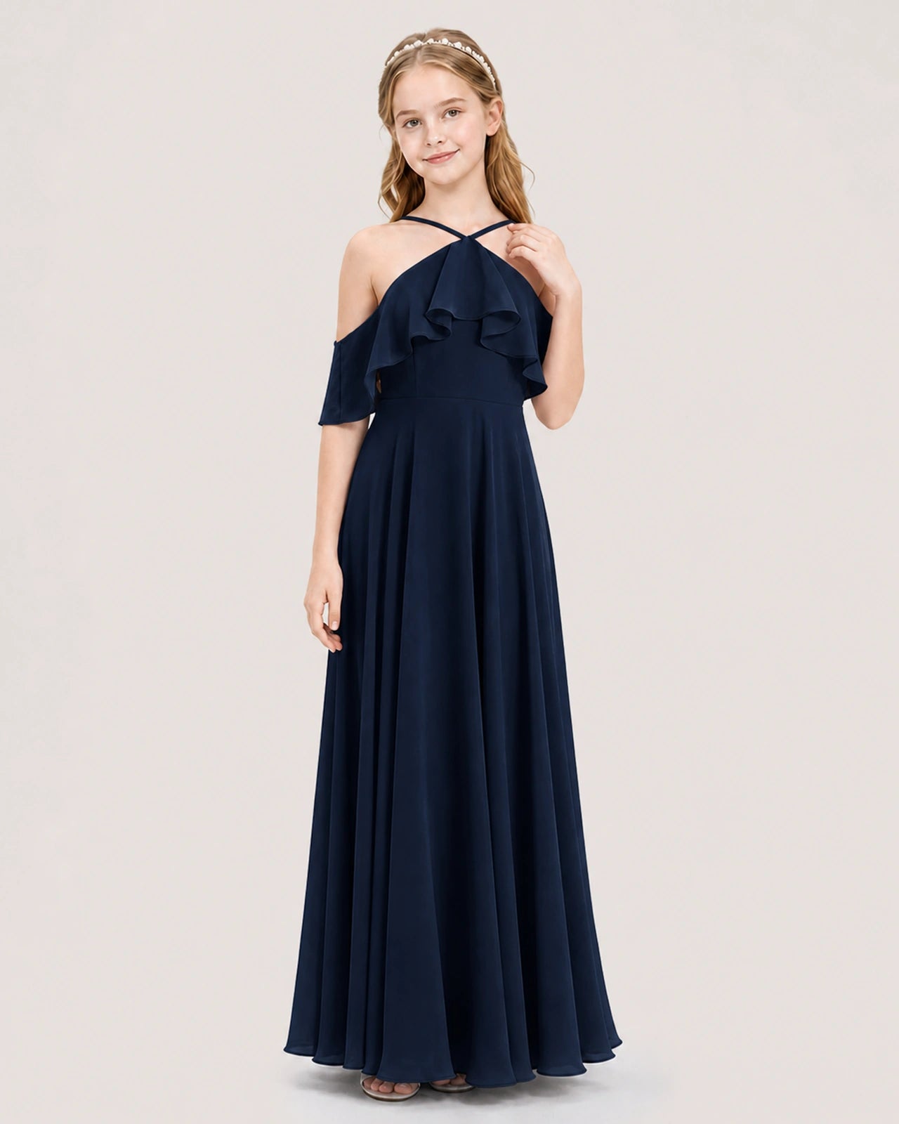 Navy Blue Chiffon Ruffled Halter Junior Bridesmaid Dresses Front View