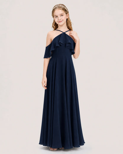 Navy Blue Chiffon Ruffled Halter Junior Bridesmaid Dresses Front View