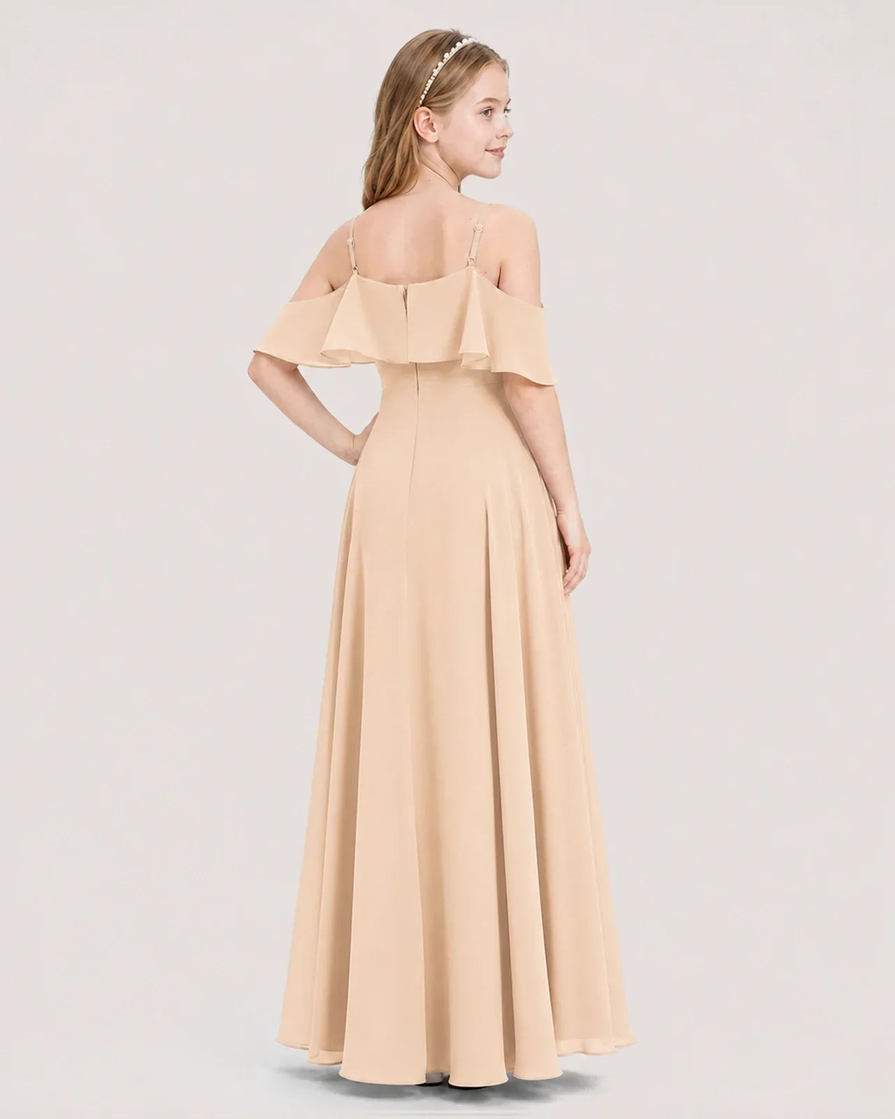 Peach Chiffon Ruffle Cold Shoulder Junior Bridesmaid Dresses Back View