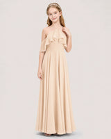 Peach Chiffon Halter Cold Shoulder Ruffle Junior Bridesmaid Dresses Front View