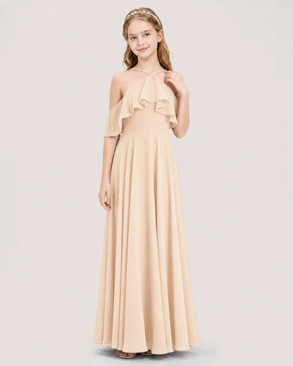 Peach Chiffon Halter Cold Shoulder Ruffle Junior Bridesmaid Dresses Front View