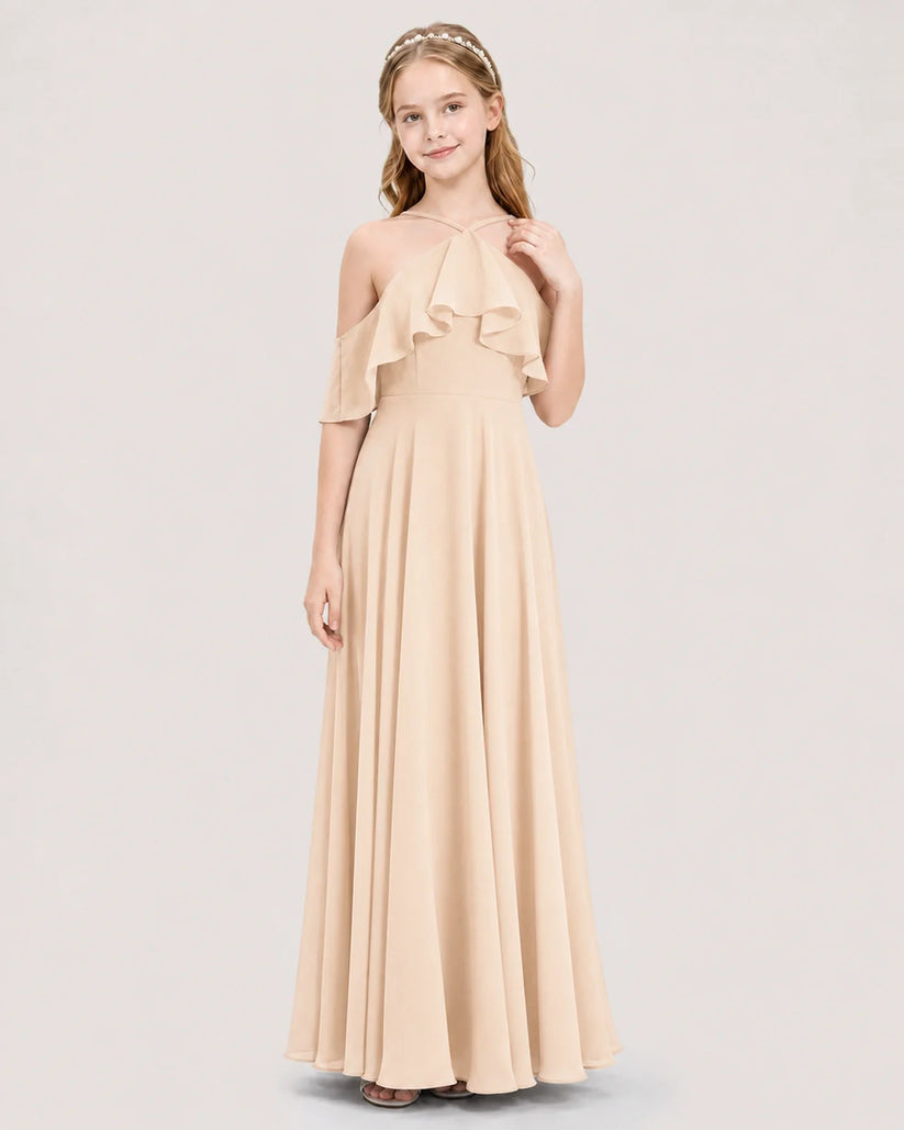 Peach Chiffon Halter Cold Shoulder Ruffle Junior Bridesmaid Dresses Front View
